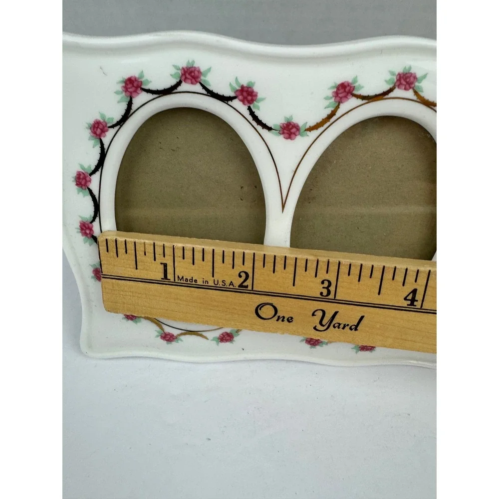 Vintage Ceramic Double Picture Frame Pink Rosebud Floral Scalloped Oval 5x7